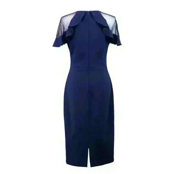 Eliza J Navy Blue Sheer Ruffle Sleeve Crew Neck Sheath Midi Dress Size 8 - Picture 8 of 9